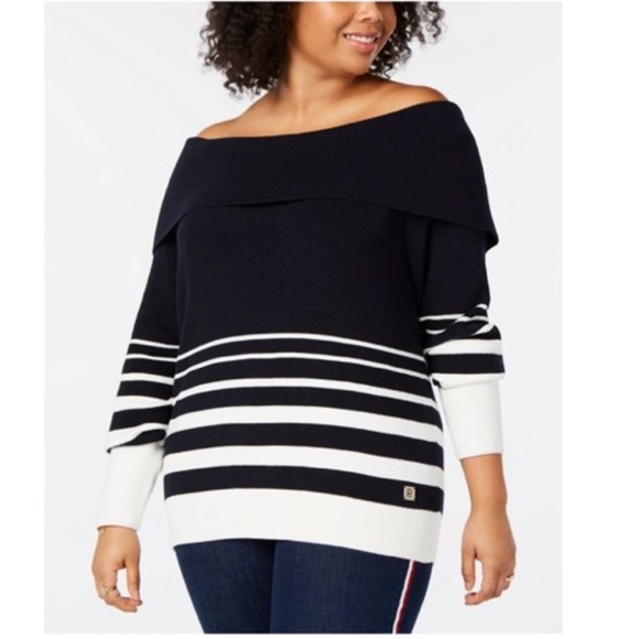 TOMMY HILFIGER Womens Long Sleeve Off Shoulder Sweater In Navy And White - Picture 1 of 2